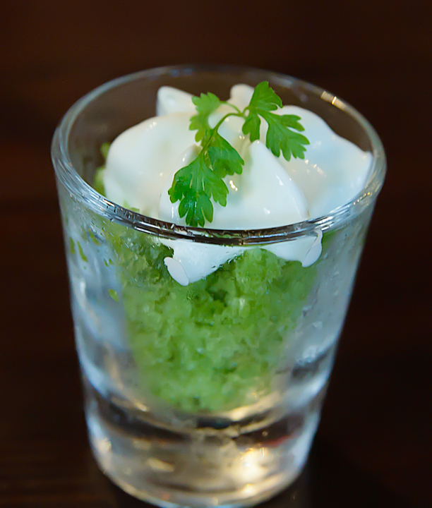 photo of Cucumber Granita, Lime, Mint Foam amuse bouche