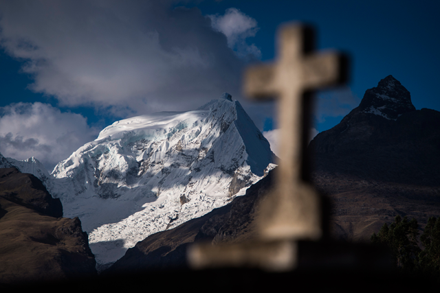 The glacier on Mount Pucaranra in the Andes feeds into Lake Palcacocha. A large avalanche would be similar to dropping a bowling ball in a bathtub. Modeling scenarios predict a 100-foot wave so powerful it would blow out the dam. Three billion gallons of ice water would go roaring down the mountain toward the city of Huaraz, burying its 200,000 residents under an Andean tsunami of mud, trees, and boulders. Photo: Jabin Botsford