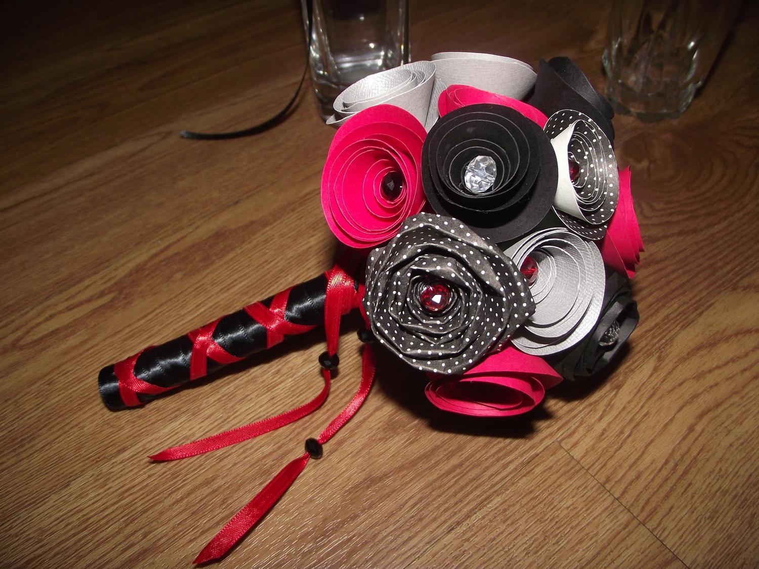 Red and Black and Silver Paper Flower Bridal or Bridesmaid Bouquet