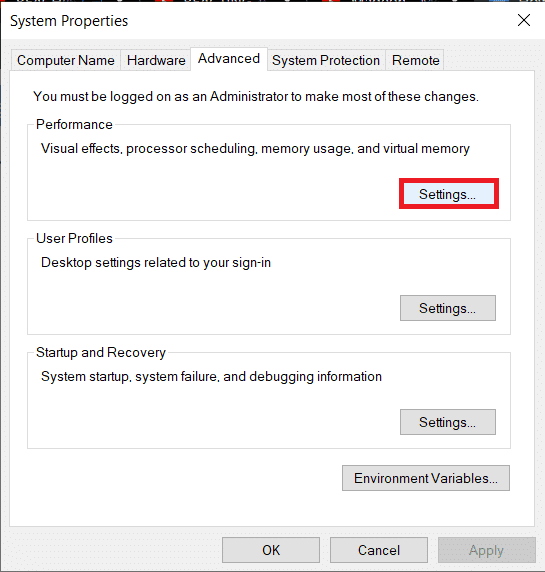 Haga clic en el botón Configuración... en Rendimiento |  Arreglar Windows 10 funcionando lento después de la actualización