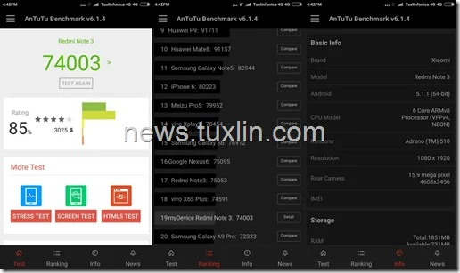 Benchmark Xiaomi Redmi Note 3 Pro AnTuTu v6