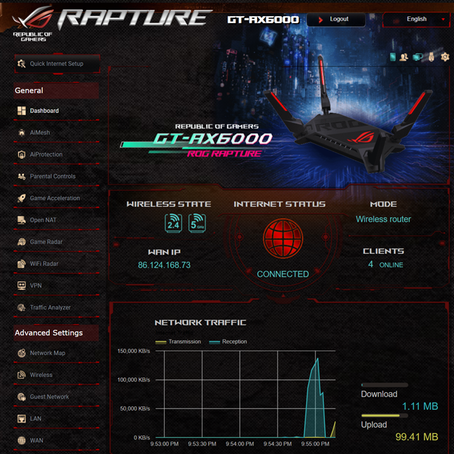 De beheerdersgebruikersinterface voor ASUS ROG Rapture GT-AX6000