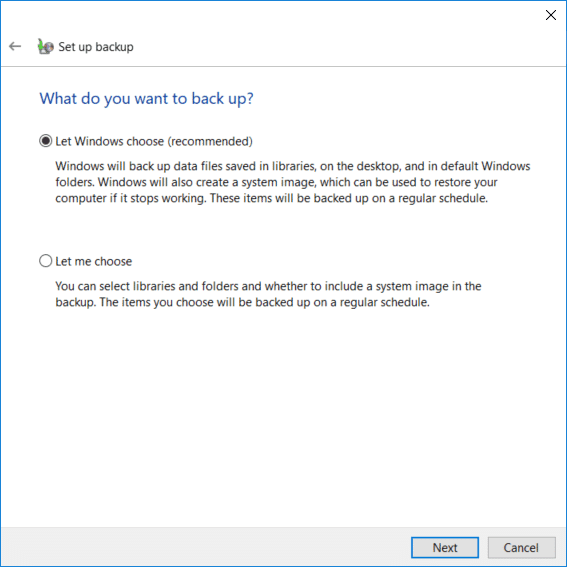 Si no desea elegir de qué hacer una copia de seguridad, seleccione Permitir que Windows elija