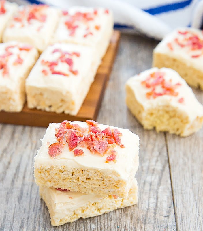 close-up photo of two Maple Bacon Rice Krispies Treats Bars with others in the background