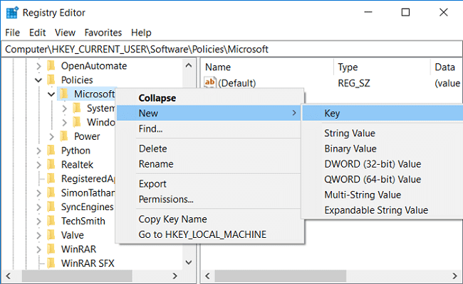 คลิกขวาที่ Microsoft จากนั้นเลือก New จากนั้นเลือก Key |  ลบปุ่มส่งยิ้มจาก Internet Explorer