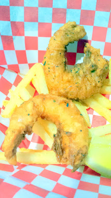 Maine Street Lobster Company's Fried Shrimp,here are 2 of the 6 jumbo hand battered tempura fried shrimp served with fries and cocktail sauce