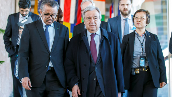 WHO director general Tedros Ghebreyesus and UN Secretary General Antonio Guterres arrive for an update on Covid-19 at WHO headquarters in Geneva, Switzerland, on February 24.