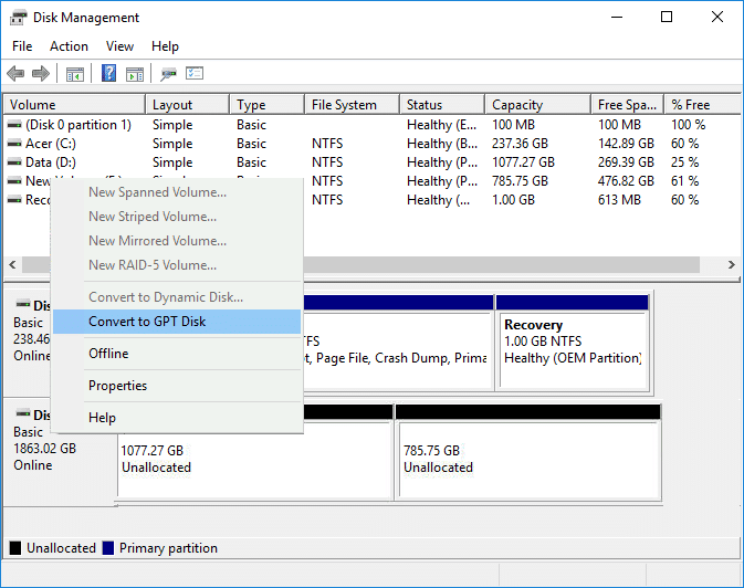 Windows 10에서 GPT 디스크를 MBR 디스크로 변환하는 방법