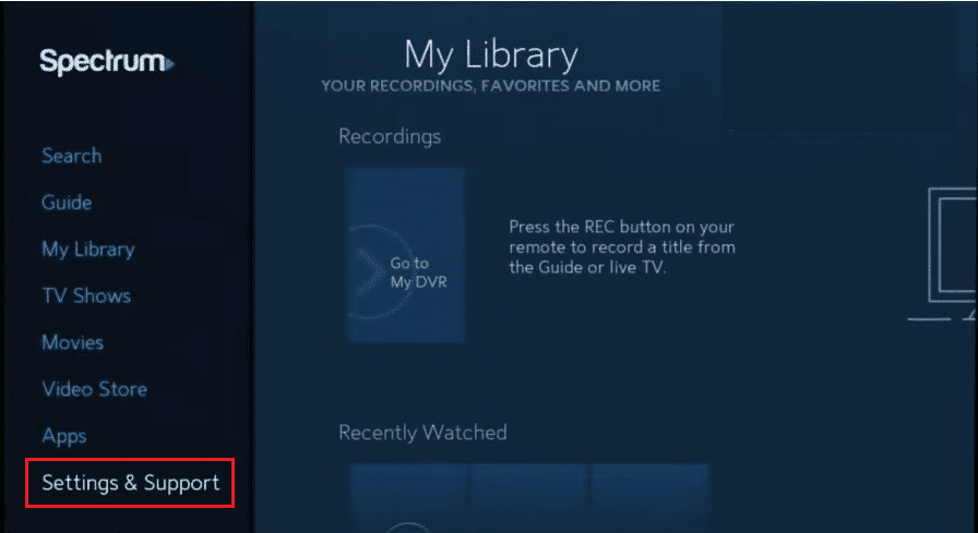seleccione Configuración y soporte en Spectrum TV