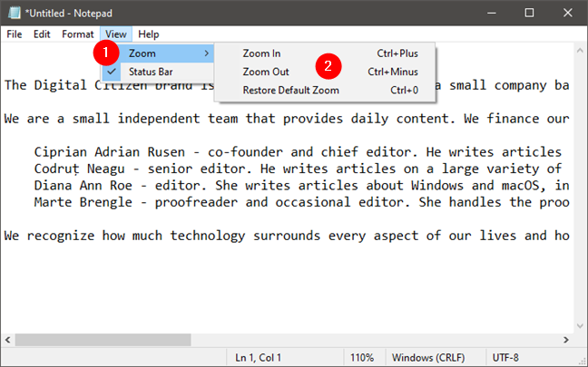 Impostazioni di zoom in Blocco note per Windows 10