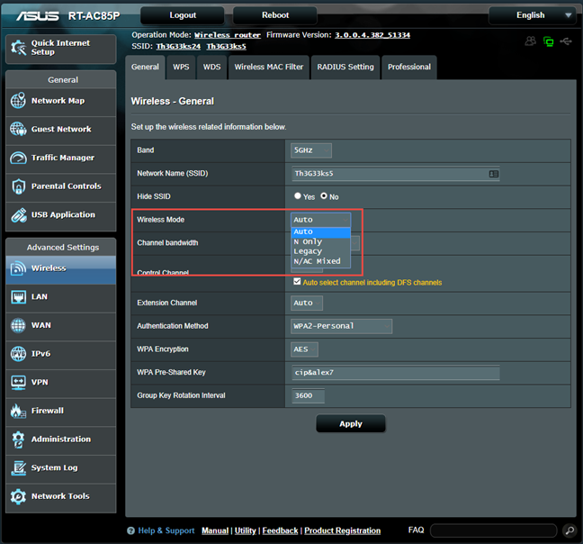 Firmware ASUS - Imposta la modalità wireless