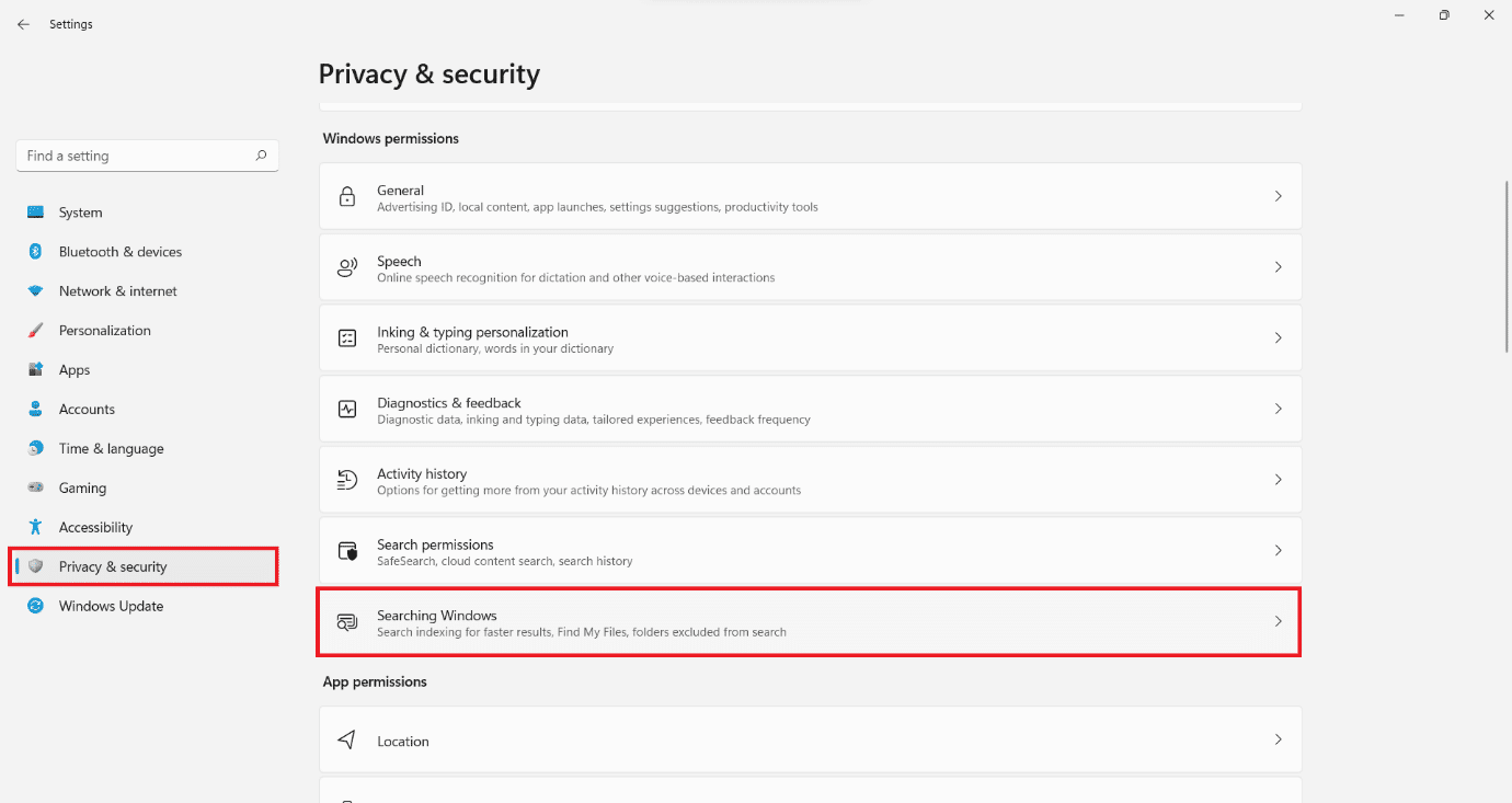 คลิกที่ Privacy and security แล้วเลือก Searching Windows option