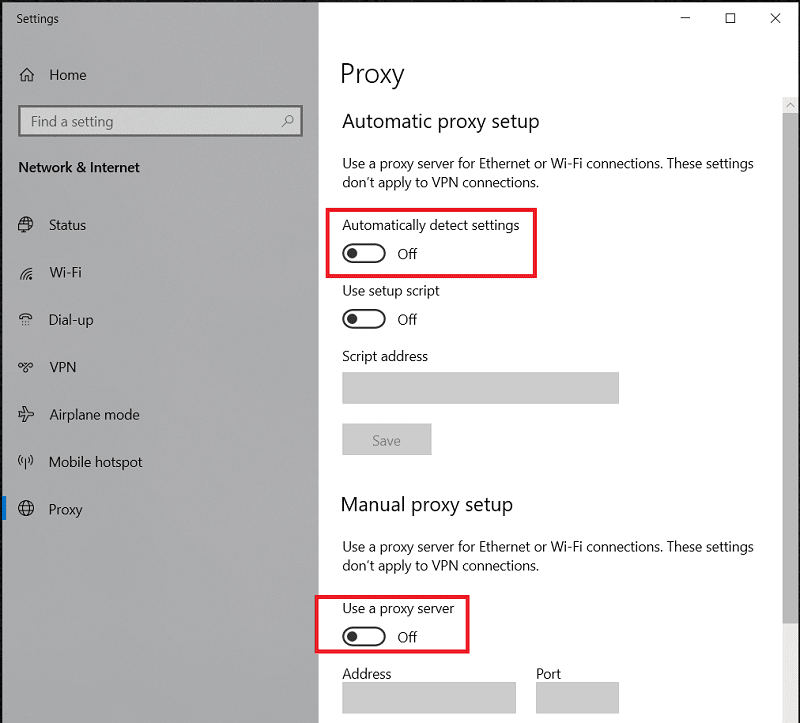 Disattiva entrambi e utilizza un'impostazione del server proxy in Configurazione proxy manuale.