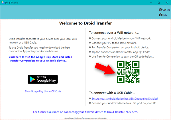 Scan de QR-code van de Droid Transfer-applicatie met behulp van de Transfer Companion-app op je Android-apparaat