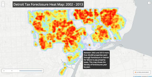 Heat map of the 17,000 properties that went to the 2013 tax foreclosure auction in Detroit. Between 2002 and 2013 there were more than 83,000 tax foreclosures in Detroit. Graphic: goobingdetroit.com