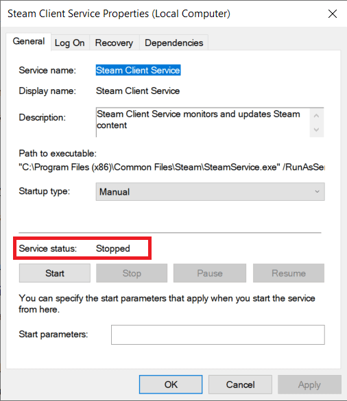 Als er Gestart staat, klik dan op de knop Stop |  Fix Steam-servicefouten bij het starten van Steam