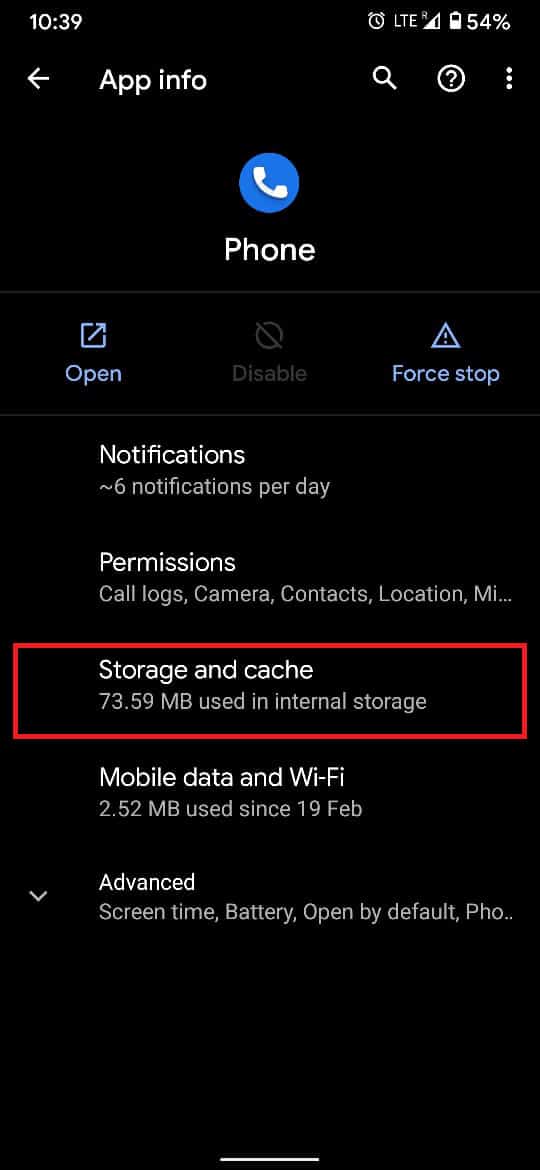 Sur la page affichant les informations sur l'application, appuyez sur "Stockage et cache".  |  Réparer le téléphone Android ne peut pas passer ou recevoir d'appels