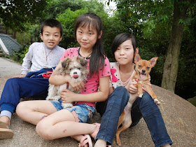 two girls and a boy with two dogs sitting on a rock in Hengyang, Hunan, China