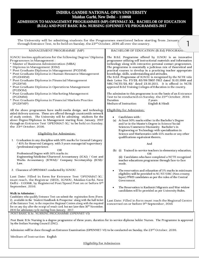 Advertisement for Admission in B.Ed(IGNOU) for January 2017 