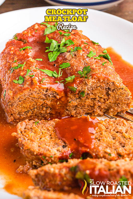 Crockpot Meatloaf on a platter with sauce