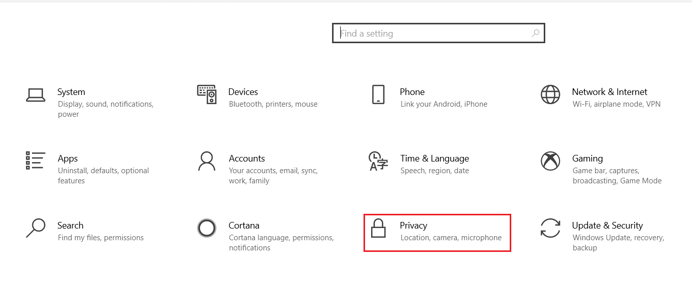 Haz clic en Privacidad.  Cómo reparar la cámara de la computadora portátil no detectada en Windows 10