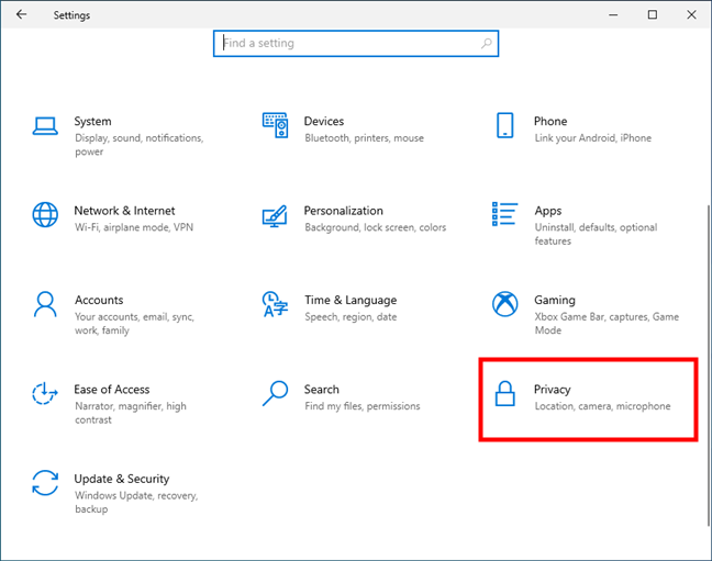 La entrada de privacidad de la configuración de Windows 10