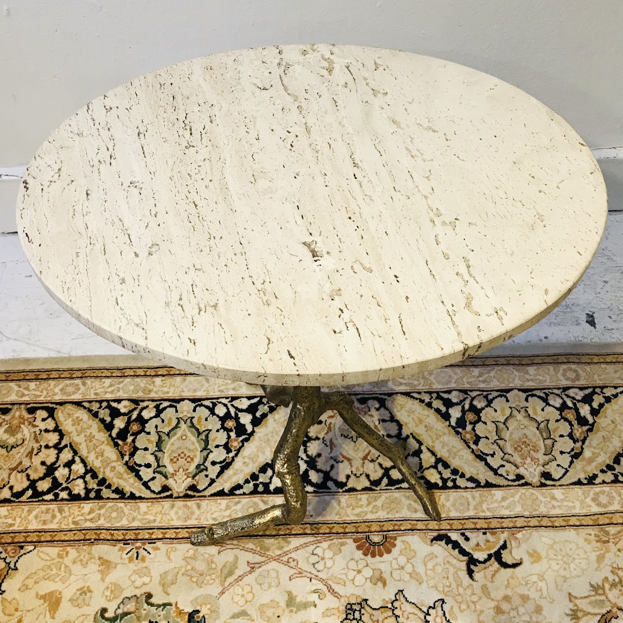 Travertine Top Twig Base Accent Table