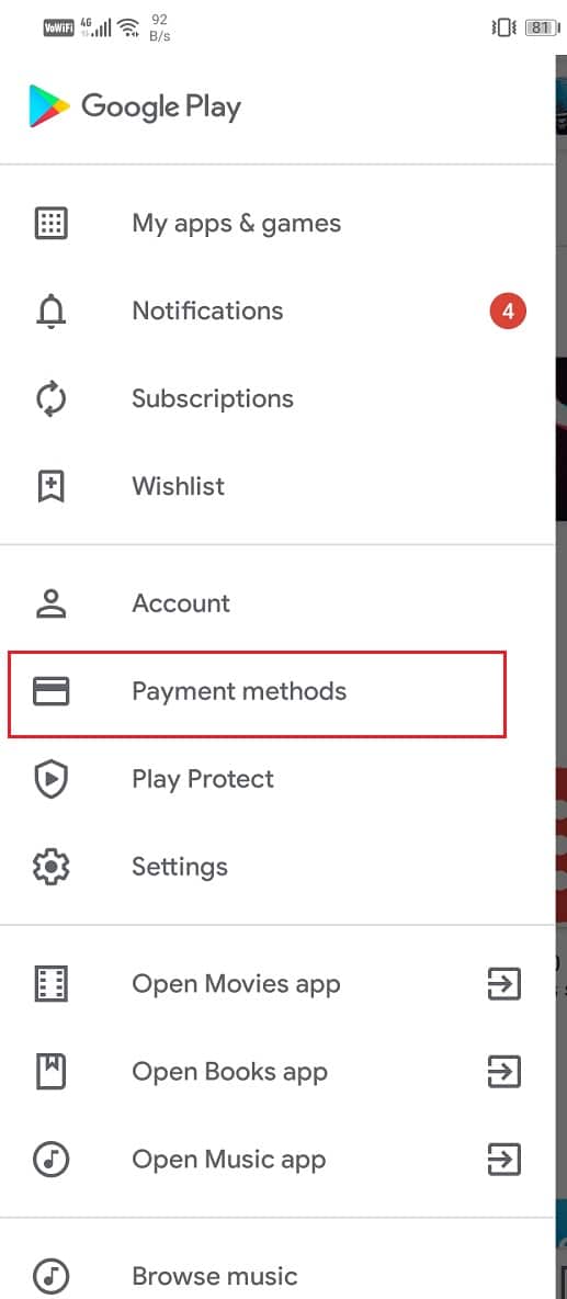 Scorri verso il basso e clicca su Metodi di pagamento |  Impossibile completare la transazione di correzione in Google Play Store