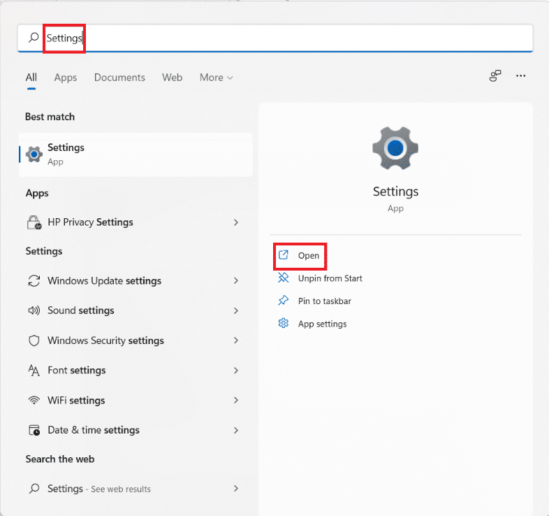 Resultados de la búsqueda en el menú Inicio para Configuración