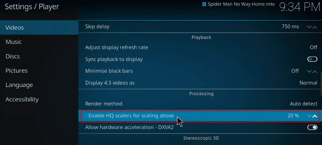 Haga clic en la flecha hacia abajo contra la configuración Habilitar escaladores HQ para escalar arriba en kodi