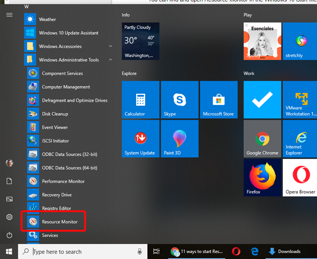 Monitoraggio risorse nel menu Start di Windows 10