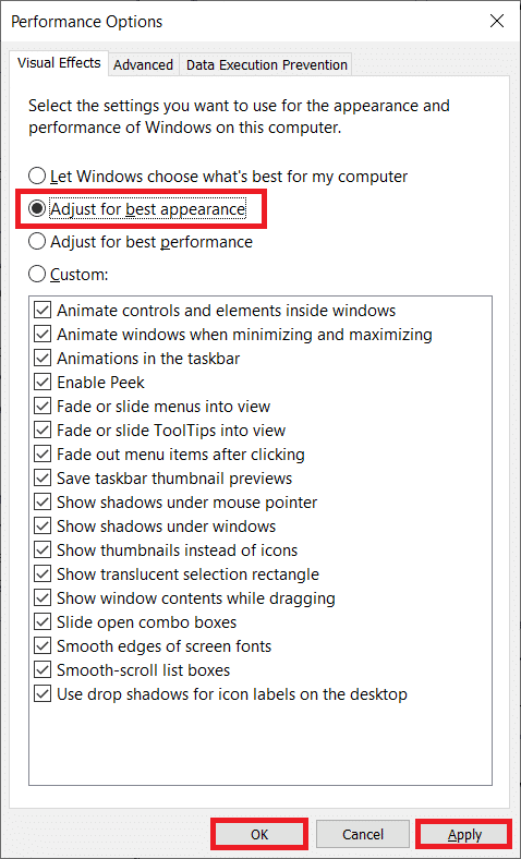 Habilite la opción Ajustar para obtener el mejor rendimiento.  Ahora, haga clic en Aplicar y luego en Aceptar para guardar los cambios.  Cómo arreglar las caídas de Valorant FPS