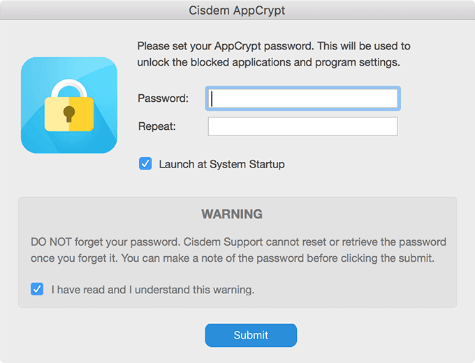 Ventana de configuración de contraseña de AppCrypt