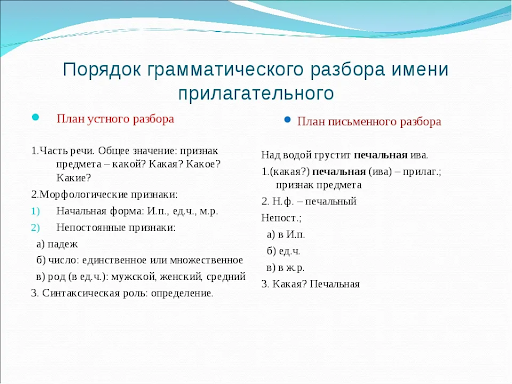 Выполнить разбор прилагательного как части речи