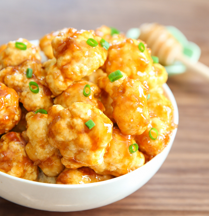 a close-up photo of roasted honey garlic cauliflower