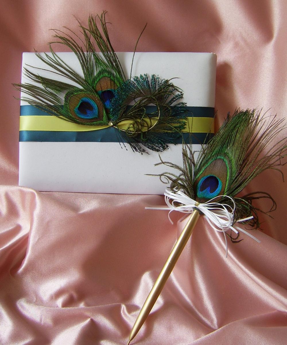 Teal and Yellow Wedding Colors Peacock Feathers Guest Book and Pen