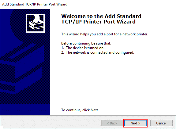 Klik in de wizard Standaard-TCPIP-printerpoort toevoegen op Volgende