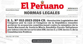 R. L. N 012-2023-2024-CR.- Resolución Legislativa del Congreso por la cual el Congreso de la República resuelve archivar la acusación constitucional contra la miembro de la Junta Nacional de Justicia María Amabilia Zavala Valladares por infracción de los artículos 156, inciso 3, y 139, inciso 3, de la Constitución Política