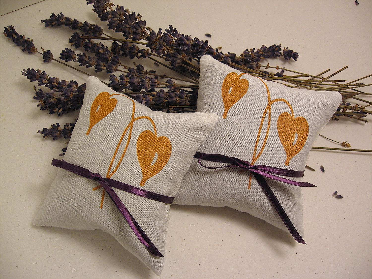 Wedding Lavender Sachets-Screen Printed Gold Leaf- Set of Two