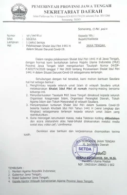 Surat Edaran Pemerintah Provinsi Jawa Tengah tentang pelaksanaan shalat Iedul Fitri 1441 H dalam situasi darurat Covid-19