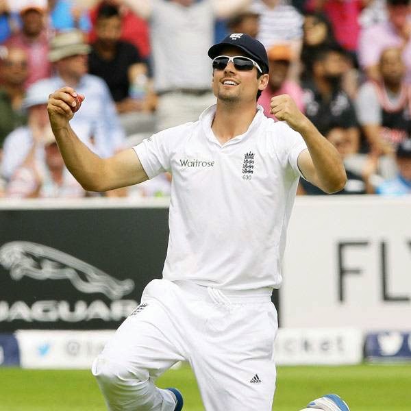 England's captain Alastair Cook celebrates as he catches out India's Stuart Binny for zero during the fourth day of the second test match between England and India at Lord's cricket ground in London, Sunday, July 20, 2014. 