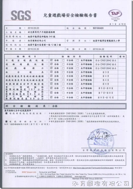 SGS 兒童遊戲場安全檢驗報告書