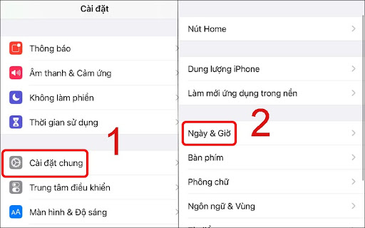 Chọn Ngày & Giờ ở cài đặt chung