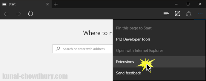 Windows 10 - Microsoft Edge - Extensions Menu (www.kunal-chowdhury.com)