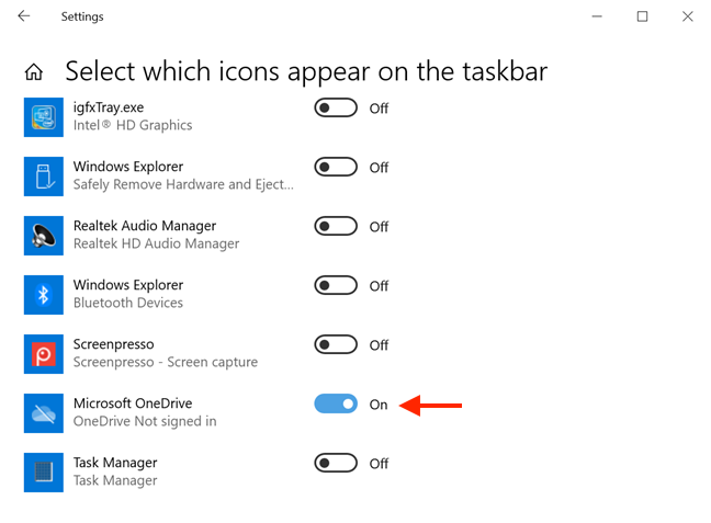 Encienda el interruptor OneDrive para mostrarlo en su barra de tareas