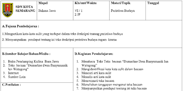 Download RPP 1 Lembar Bahasa Jawa Kelas 6 SD Revisi Terbaru Kurikulum 2013 