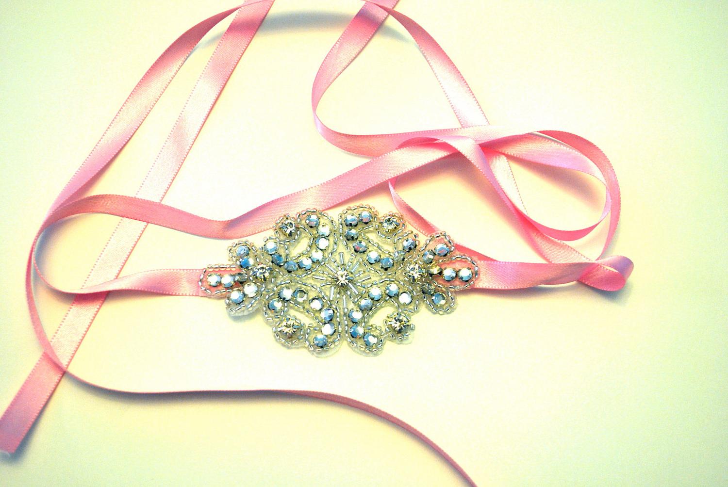 Rhinestone Headband or Bracelet with Pink Ribbon- Handmade Wedding, Bridal,