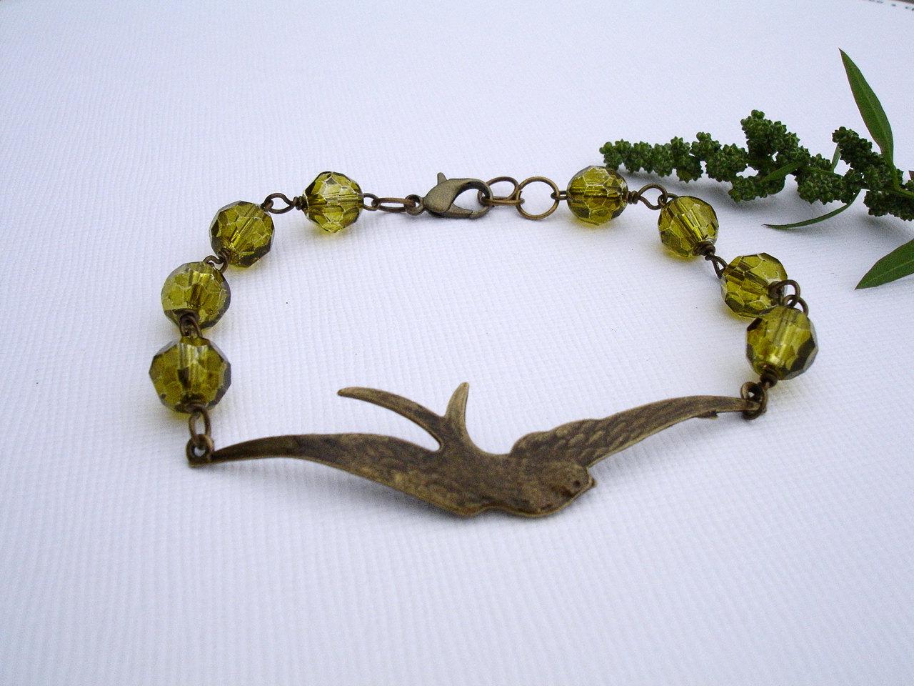 20  off Sale Fall Sparrow Bracelet Olive Beaded Autumn Bird Swallow Fall