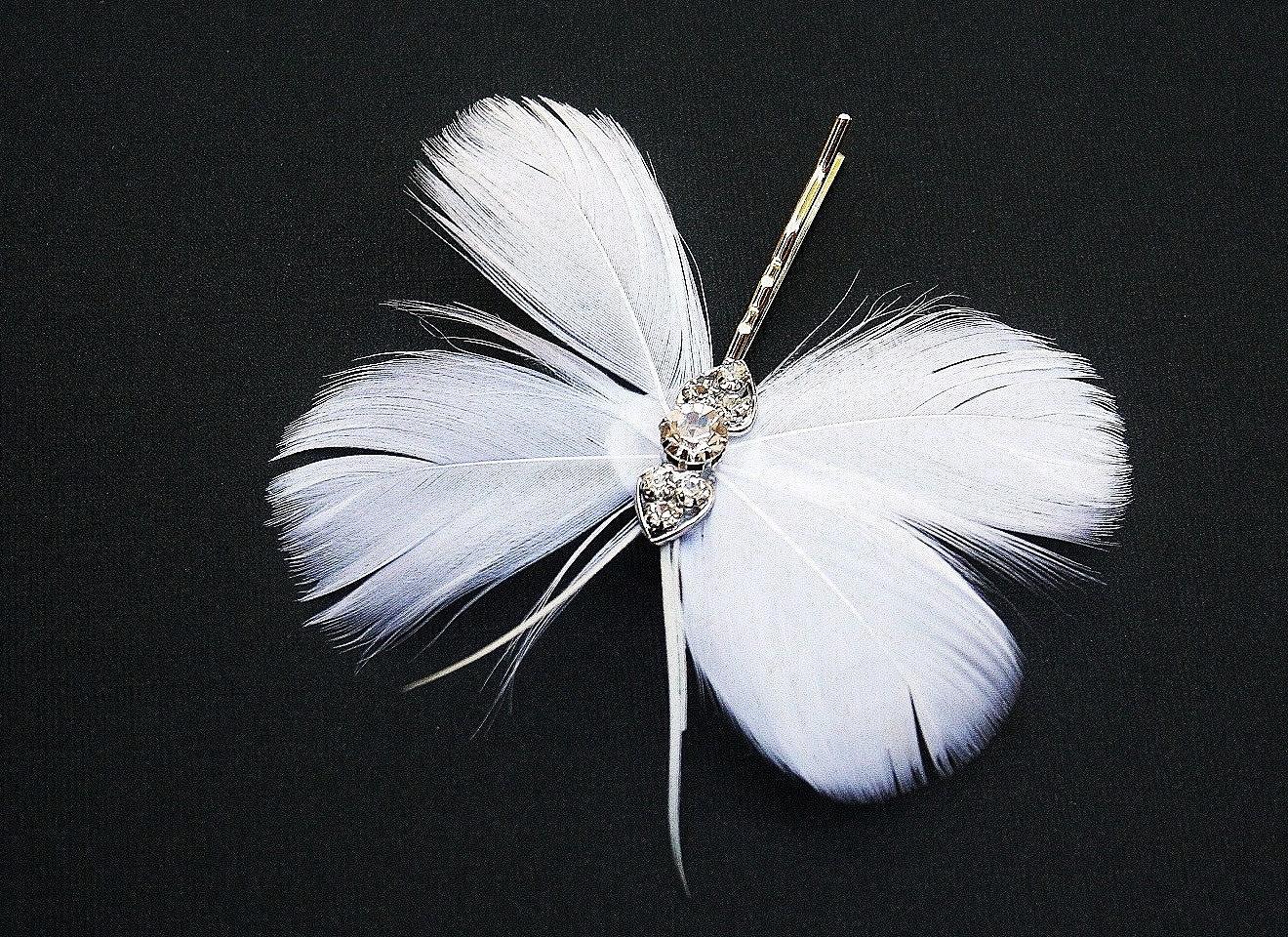 Feather Butterfly Clip, Hairpin, Bobby Pin, Rhinestone, Bridal, Wedding,