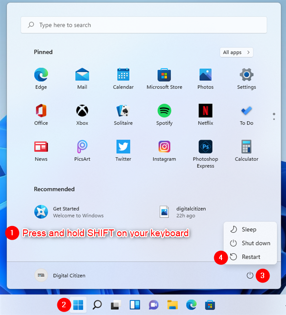 Windows 11 starten in de veilige modus vanuit het startmenu